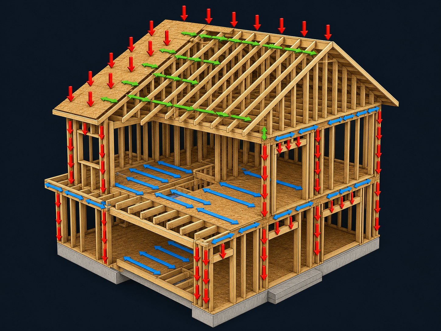 Colour-coded gravity and diaphragm load paths through a two-storey wood-framed house